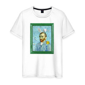 Мужская футболка хлопок с принтом Детство Ван Гога в Курске, 100% хлопок | прямой крой, круглый вырез горловины, длина до линии бедер, слегка спущенное плечо. | автопортрет | ван гог | детство | зайчик | зелёный | личность | портрет | рама | рамка | синий | уточка | ушки