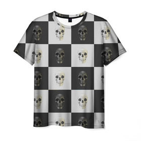 Мужская футболка 3D с принтом Skullchess в Курске, 100% полиэфир | прямой крой, круглый вырез горловины, длина до линии бедер | Тематика изображения на принте: хелоуин | череп | черное и белое | шахматы