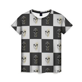Женская футболка 3D с принтом Skullchess в Курске, 100% полиэфир ( синтетическое хлопкоподобное полотно) | прямой крой, круглый вырез горловины, длина до линии бедер | хелоуин | череп | черное и белое | шахматы