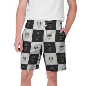 Мужские шорты 3D с принтом Skullchess в Курске,  полиэстер 100% | прямой крой, два кармана без застежек по бокам. Мягкая трикотажная резинка на поясе, внутри которой широкие завязки. Длина чуть выше колен | хелоуин | череп | черное и белое | шахматы