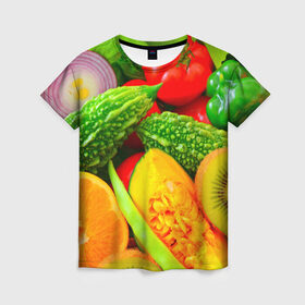 Женская футболка 3D с принтом Овощи в Курске, 100% полиэфир ( синтетическое хлопкоподобное полотно) | прямой крой, круглый вырез горловины, длина до линии бедер | апельсин | диета | киви | лук | овощ | огурец | помидор