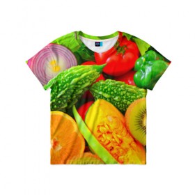 Детская футболка 3D с принтом Овощи в Курске, 100% гипоаллергенный полиэфир | прямой крой, круглый вырез горловины, длина до линии бедер, чуть спущенное плечо, ткань немного тянется | Тематика изображения на принте: апельсин | диета | киви | лук | овощ | огурец | помидор