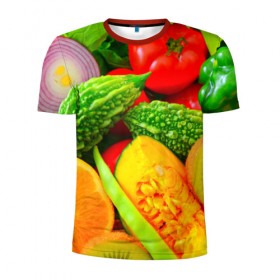 Мужская футболка 3D спортивная с принтом Овощи в Курске, 100% полиэстер с улучшенными характеристиками | приталенный силуэт, круглая горловина, широкие плечи, сужается к линии бедра | Тематика изображения на принте: апельсин | диета | киви | лук | овощ | огурец | помидор