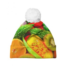 Шапка 3D c помпоном с принтом Овощи в Курске, 100% полиэстер | универсальный размер, печать по всей поверхности изделия | апельсин | диета | киви | лук | овощ | огурец | помидор