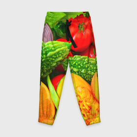 Детские брюки 3D с принтом Овощи в Курске, 100% полиэстер | манжеты по низу, эластичный пояс регулируется шнурком, по бокам два кармана без застежек, внутренняя часть кармана из мелкой сетки | апельсин | диета | киви | лук | овощ | огурец | помидор