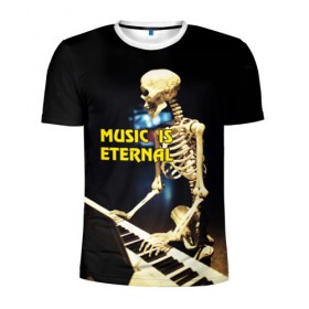 Мужская футболка 3D спортивная с принтом Музыка вечна 3 в Курске, 100% полиэстер с улучшенными характеристиками | приталенный силуэт, круглая горловина, широкие плечи, сужается к линии бедра | мелодия. клавиши | музыка | музыкальный инструмент | скелет