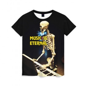 Женская футболка 3D с принтом Музыка вечна 3 в Курске, 100% полиэфир ( синтетическое хлопкоподобное полотно) | прямой крой, круглый вырез горловины, длина до линии бедер | мелодия. клавиши | музыка | музыкальный инструмент | скелет