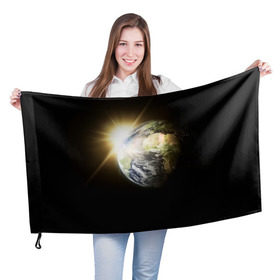 Флаг 3D с принтом Восход солнца в Курске, 100% полиэстер | плотность ткани — 95 г/м2, размер — 67 х 109 см. Принт наносится с одной стороны | звёзды | космическое пространство | космос | планета | солнце