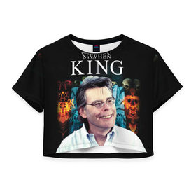 Женская футболка 3D укороченная с принтом Стивен Кинг - Король ужасов в Курске, 100% полиэстер | круглая горловина, длина футболки до линии талии, рукава с отворотами | король ужасов | писатель | триллер | ужасы