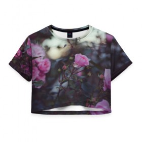 Женская футболка 3D укороченная с принтом Цветы в Курске, 100% полиэстер | круглая горловина, длина футболки до линии талии, рукава с отворотами | лепестки | прикольные | природа | розовые | розы