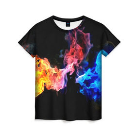 Женская футболка 3D с принтом Битва огней в Курске, 100% полиэфир ( синтетическое хлопкоподобное полотно) | прямой крой, круглый вырез горловины, длина до линии бедер | красный | огонь | синий