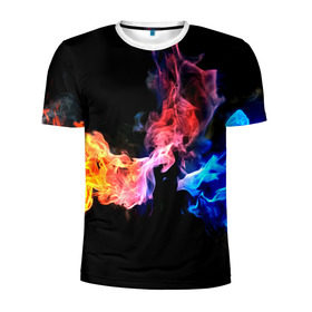 Мужская футболка 3D спортивная с принтом Битва огней в Курске, 100% полиэстер с улучшенными характеристиками | приталенный силуэт, круглая горловина, широкие плечи, сужается к линии бедра | красный | огонь | синий