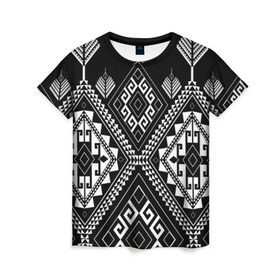 Женская футболка 3D с принтом Индейские мотивы в Курске, 100% полиэфир ( синтетическое хлопкоподобное полотно) | прямой крой, круглый вырез горловины, длина до линии бедер | вышивка | орнамент | свитер | черно белый