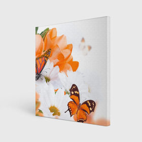 Холст квадратный с принтом Оранж в Курске, 100% ПВХ |  | бабочки | лепестки | оранжевый | цветочки | цветы