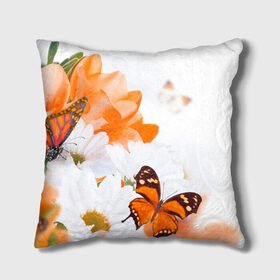 Подушка 3D с принтом Оранж в Курске, наволочка – 100% полиэстер, наполнитель – холлофайбер (легкий наполнитель, не вызывает аллергию). | состоит из подушки и наволочки. Наволочка на молнии, легко снимается для стирки | бабочки | лепестки | оранжевый | цветочки | цветы