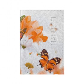 Обложка для паспорта матовая кожа с принтом Оранж в Курске, натуральная матовая кожа | размер 19,3 х 13,7 см; прозрачные пластиковые крепления | Тематика изображения на принте: бабочки | лепестки | оранжевый | цветочки | цветы