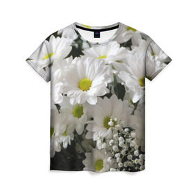 Женская футболка 3D с принтом Белоснежное цветение в Курске, 100% полиэфир ( синтетическое хлопкоподобное полотно) | прямой крой, круглый вырез горловины, длина до линии бедер | ландыши | лепестки | прикольные картинки | ромашки | цветочки | цветы
