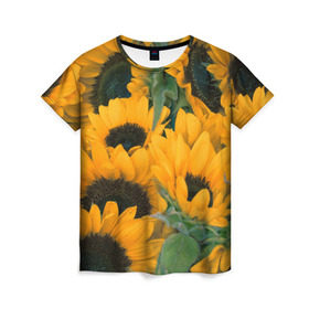Женская футболка 3D с принтом Подсолнухи в Курске, 100% полиэфир ( синтетическое хлопкоподобное полотно) | прямой крой, круглый вырез горловины, длина до линии бедер | желтый | зеленый | лето | подсолнухи | цветы | черный