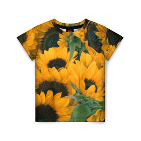 Детская футболка 3D с принтом Подсолнухи в Курске, 100% гипоаллергенный полиэфир | прямой крой, круглый вырез горловины, длина до линии бедер, чуть спущенное плечо, ткань немного тянется | желтый | зеленый | лето | подсолнухи | цветы | черный