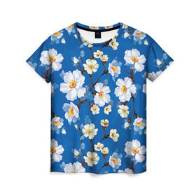 Женская футболка 3D с принтом Цветы ретро 5 в Курске, 100% полиэфир ( синтетическое хлопкоподобное полотно) | прямой крой, круглый вырез горловины, длина до линии бедер | Тематика изображения на принте:   | винтаж | прованс | роза | роспись | узор | цветок | цветы