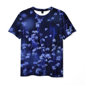 Мужская футболка 3D с принтом Ночные цветы в Курске, 100% полиэфир | прямой крой, круглый вырез горловины, длина до линии бедер | Тематика изображения на принте: лепестки | ночь | прикольные картинки | синий | цветочки | цветы