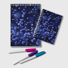 Блокнот с принтом Ночные цветы в Курске, 100% бумага | 48 листов, плотность листов — 60 г/м2, плотность картонной обложки — 250 г/м2. Листы скреплены удобной пружинной спиралью. Цвет линий — светло-серый
 | Тематика изображения на принте: лепестки | ночь | прикольные картинки | синий | цветочки | цветы
