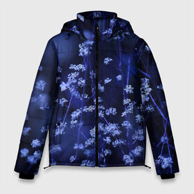 Мужская зимняя куртка 3D с принтом Ночные цветы в Курске, верх — 100% полиэстер; подкладка — 100% полиэстер; утеплитель — 100% полиэстер | длина ниже бедра, свободный силуэт Оверсайз. Есть воротник-стойка, отстегивающийся капюшон и ветрозащитная планка. 

Боковые карманы с листочкой на кнопках и внутренний карман на молнии. | лепестки | ночь | прикольные картинки | синий | цветочки | цветы