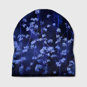 Шапка 3D с принтом Ночные цветы в Курске, 100% полиэстер | универсальный размер, печать по всей поверхности изделия | лепестки | ночь | прикольные картинки | синий | цветочки | цветы