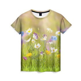 Женская футболка 3D с принтом Солнечная нежность в Курске, 100% полиэфир ( синтетическое хлопкоподобное полотно) | прямой крой, круглый вырез горловины, длина до линии бедер | лепестки | лучи | прикольные картинки | солнце | цветочки | цветы