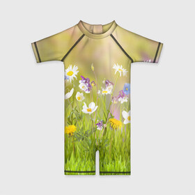 Детский купальный костюм 3D с принтом Солнечная нежность в Курске, Полиэстер 85%, Спандекс 15% | застежка на молнии на спине | лепестки | лучи | прикольные картинки | солнце | цветочки | цветы