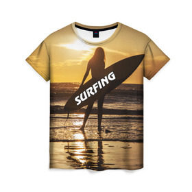 Женская футболка 3D с принтом Surfing в Курске, 100% полиэфир ( синтетическое хлопкоподобное полотно) | прямой крой, круглый вырез горловины, длина до линии бедер | Тематика изображения на принте: волна | девушка | море | прикольные картинки | сёрфинг | солнце | спорт | экстрим