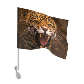 Флаг для автомобиля с принтом Леопард в Курске, 100% полиэстер | Размер: 30*21 см | дикая кошка | клыки | леопард | оскал | хищник