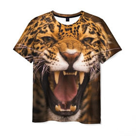 Мужская футболка 3D с принтом Леопард в Курске, 100% полиэфир | прямой крой, круглый вырез горловины, длина до линии бедер | дикая кошка | клыки | леопард | оскал | хищник
