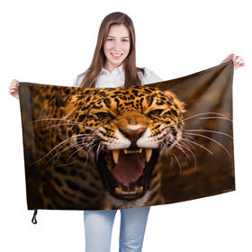 Флаг 3D с принтом Леопард в Курске, 100% полиэстер | плотность ткани — 95 г/м2, размер — 67 х 109 см. Принт наносится с одной стороны | дикая кошка | клыки | леопард | оскал | хищник