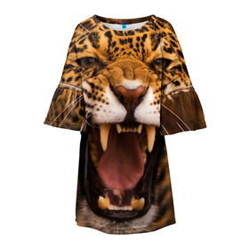 Детское платье 3D с принтом Леопард в Курске, 100% полиэстер | прямой силуэт, чуть расширенный к низу. Круглая горловина, на рукавах — воланы | Тематика изображения на принте: дикая кошка | клыки | леопард | оскал | хищник