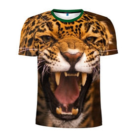 Мужская футболка 3D спортивная с принтом Леопард в Курске, 100% полиэстер с улучшенными характеристиками | приталенный силуэт, круглая горловина, широкие плечи, сужается к линии бедра | дикая кошка | клыки | леопард | оскал | хищник