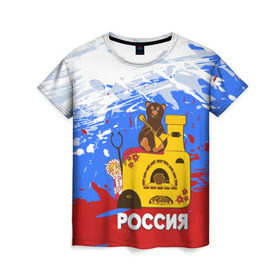 Женская футболка 3D с принтом Россия. Медведь. Балалайка в Курске, 100% полиэфир ( синтетическое хлопкоподобное полотно) | прямой крой, круглый вырез горловины, длина до линии бедер | матрешка | печька | россия. медведь. балалайка