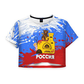 Женская футболка 3D укороченная с принтом Россия. Медведь. Балалайка в Курске, 100% полиэстер | круглая горловина, длина футболки до линии талии, рукава с отворотами | матрешка | печька | россия. медведь. балалайка