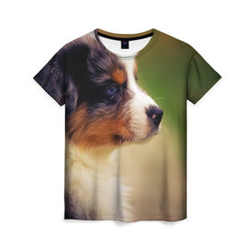 Женская футболка 3D с принтом Aussi в Курске, 100% полиэфир ( синтетическое хлопкоподобное полотно) | прямой крой, круглый вырез горловины, длина до линии бедер | Тематика изображения на принте: австралийская овчарка | животные | пёс | собака | щенок