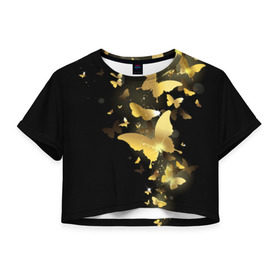 Женская футболка 3D укороченная с принтом Золотые бабочки в Курске, 100% полиэстер | круглая горловина, длина футболки до линии талии, рукава с отворотами | бабочки | девушкам | злато | золото