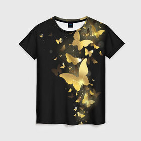 Женская футболка 3D с принтом Золотые бабочки в Курске, 100% полиэфир ( синтетическое хлопкоподобное полотно) | прямой крой, круглый вырез горловины, длина до линии бедер | бабочки | девушкам | злато | золото