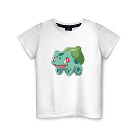 Детская футболка хлопок с принтом Бульбазавр в Курске, 100% хлопок | круглый вырез горловины, полуприлегающий силуэт, длина до линии бедер | Тематика изображения на принте: bulbasaur | pokemon | покемон | покемоны