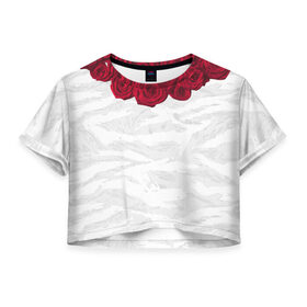 Женская футболка 3D укороченная с принтом Roses White в Курске, 100% полиэстер | круглая горловина, длина футболки до линии талии, рукава с отворотами | розы цветы swag тренд мода клубная