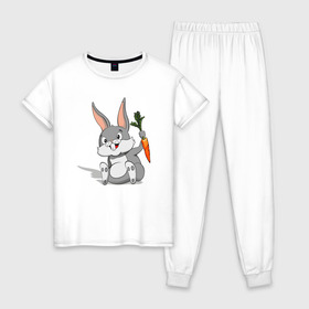 Женская пижама хлопок с принтом Зайчик в Курске, 100% хлопок | брюки и футболка прямого кроя, без карманов, на брюках мягкая резинка на поясе и по низу штанин | Тематика изображения на принте: год кролика | зайчик | заяц | кролик | морковь
