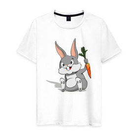 Мужская футболка хлопок с принтом Зайчик в Курске, 100% хлопок | прямой крой, круглый вырез горловины, длина до линии бедер, слегка спущенное плечо. | Тематика изображения на принте: год кролика | зайчик | заяц | кролик | морковь