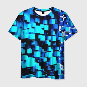 Мужская футболка 3D с принтом Кубическая текстура в Курске, 100% полиэфир | прямой крой, круглый вырез горловины, длина до линии бедер | Тематика изображения на принте: кубы | объем | синий
