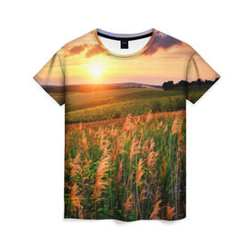 Женская футболка 3D с принтом Родные просторы в Курске, 100% полиэфир ( синтетическое хлопкоподобное полотно) | прямой крой, круглый вырез горловины, длина до линии бедер | sunrise | sunset | восход | деревня | закат | луг | небо | облака | поле | природа | солнце | цветы