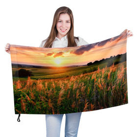 Флаг 3D с принтом Родные просторы в Курске, 100% полиэстер | плотность ткани — 95 г/м2, размер — 67 х 109 см. Принт наносится с одной стороны | sunrise | sunset | восход | деревня | закат | луг | небо | облака | поле | природа | солнце | цветы