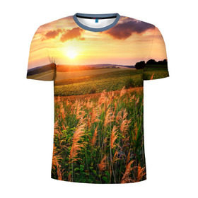 Мужская футболка 3D спортивная с принтом Родные просторы в Курске, 100% полиэстер с улучшенными характеристиками | приталенный силуэт, круглая горловина, широкие плечи, сужается к линии бедра | sunrise | sunset | восход | деревня | закат | луг | небо | облака | поле | природа | солнце | цветы