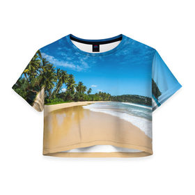 Женская футболка 3D укороченная с принтом Шикарный пляж в Курске, 100% полиэстер | круглая горловина, длина футболки до линии талии, рукава с отворотами | вода | голубое небо | жара | загар | зной | каникулы | купание | море | океан | отдых | отпуск | пальмы | песок | приключение | путешествие | туризм